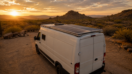 Unbranded white camper van with rigid solar panels on a roof rack in a desert campsite at sunset