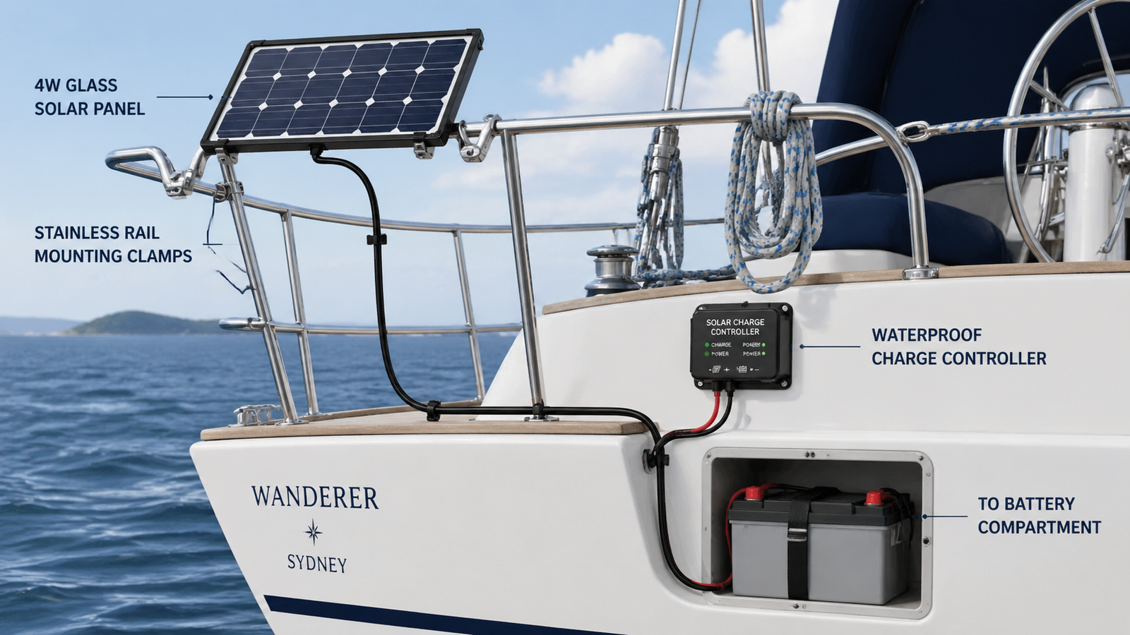 Sailboat stern rail with small solar panel mounted on stainless clamps