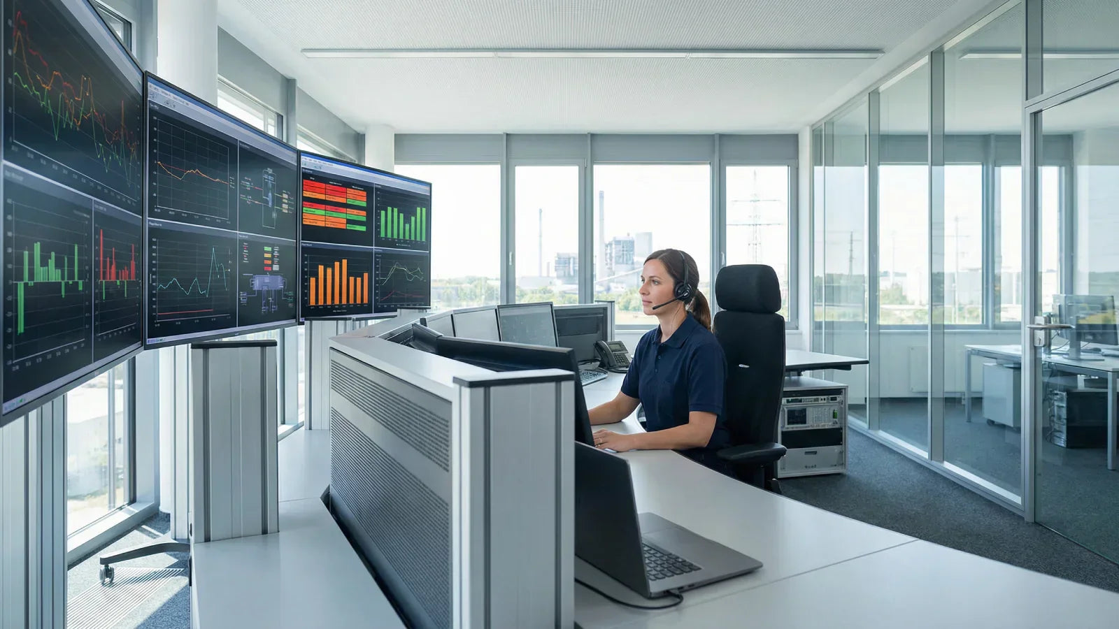 SCADA integration with power line monitoring shown in a utility control room