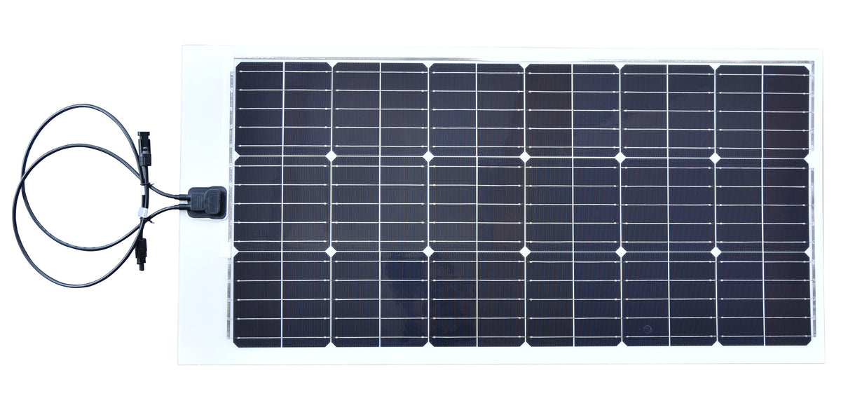 Frameless solar panel with 18 monocrystalline cells, a junction box on the short edge and two output leads with connectors