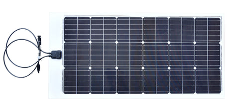 Frameless solar panel with 18 monocrystalline cells, a junction box on the short edge and two output leads with connectors