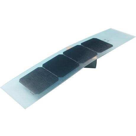 Clear laminated solar strip with four spaced monocrystalline cells, light passing through the gaps between cells