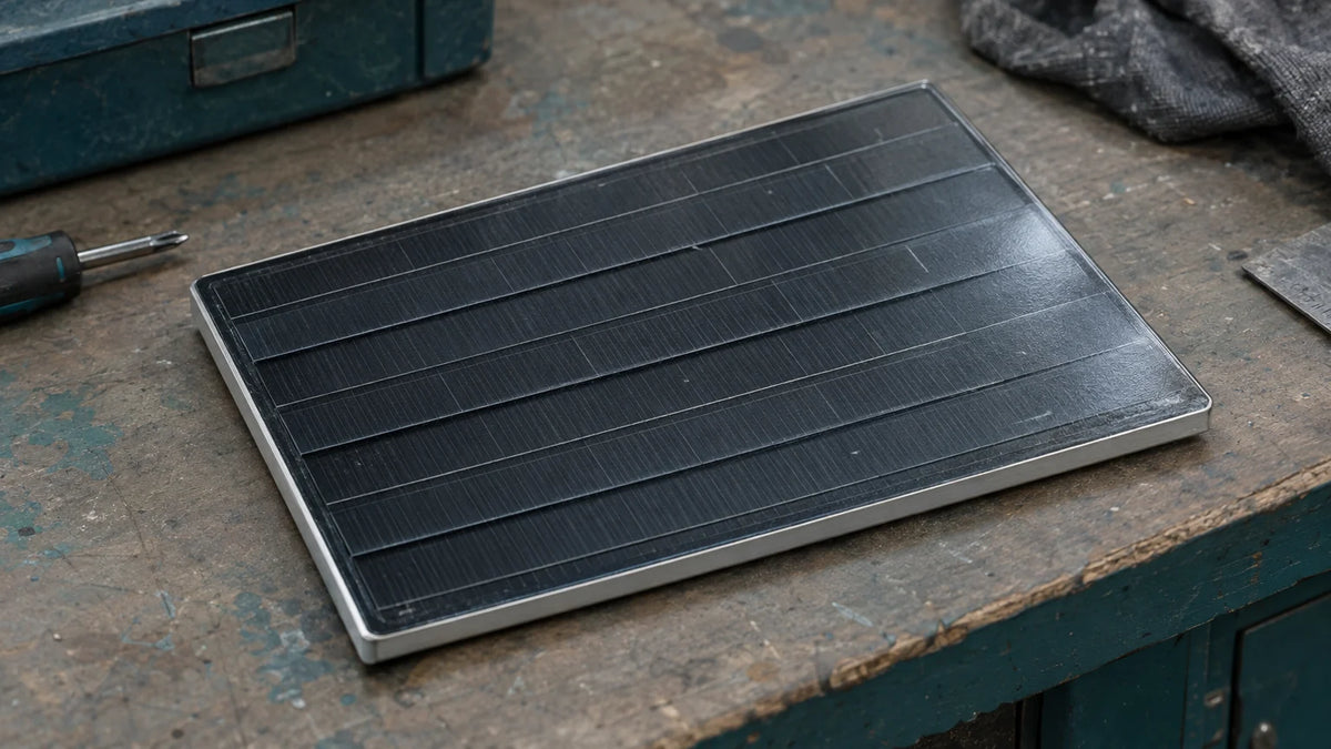 A compact shingled-cell module sample rests on a workshop bench, with narrow overlapping cell strips visible through the protective front layer.