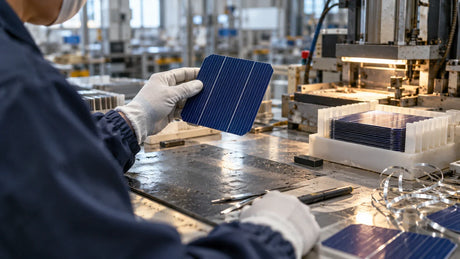 A technician inspects a silicon solar cell wafer at an ordinary photovoltaic manufacturing workbench.