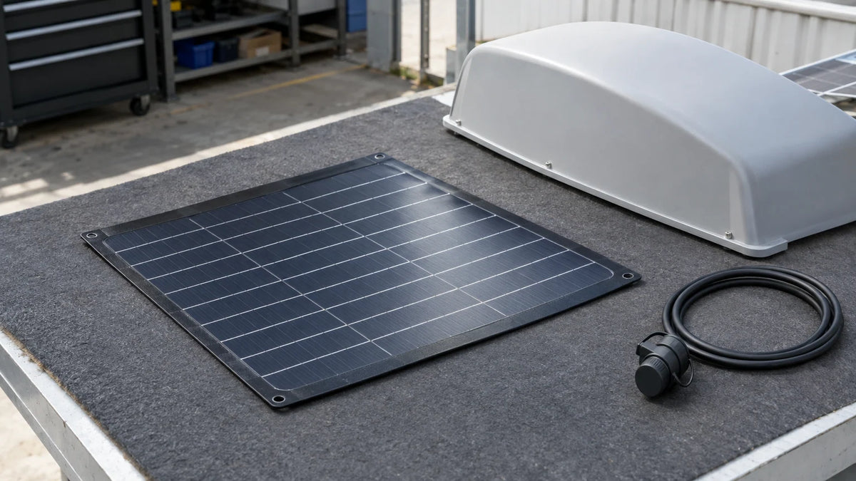 One small generic flexible PV laminate lying flat on a protective mat beside a gently curved unbranded equipment housing and separate capped lead, pre-installation fit assessment, no extreme bend.