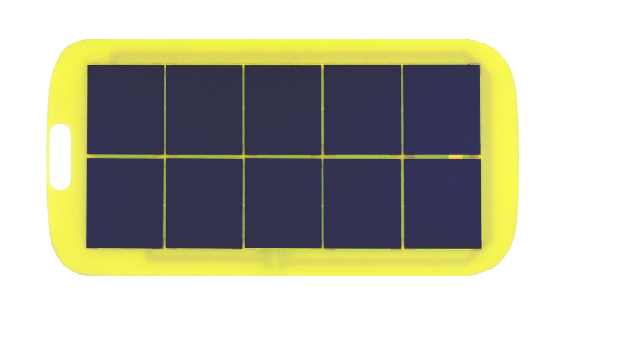 Small portable mini solar panel with yellow border and mounting slot