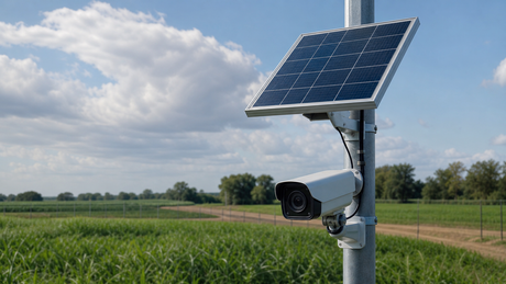 Outdoor security camera mounted on a pole with a compact solar panel in a rural setting