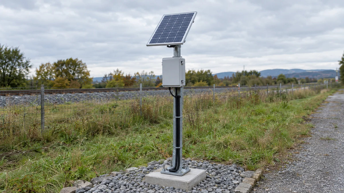 One compact finished PV panel mounted on a simple remote sensor post, closed generic sensor enclosure below, protected cable route and surrounding mounting envelope visible.