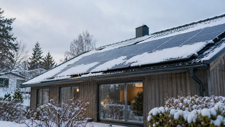A rooftop solar array is partly covered by fresh snow while an observer checks it safely from the ground.