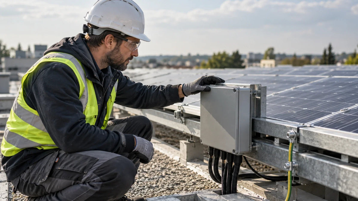 A technician inspects a closed surge protection enclosure beside an unbranded rooftop solar array on an ordinary building.