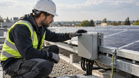 A technician inspects a closed surge protection enclosure beside an unbranded rooftop solar array on an ordinary building.