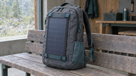 An unbranded backpack with a small externally secured solar module rests at an ordinary rest-stop bench, illustrating a bag-and-panel sample whose interfaces need approval.