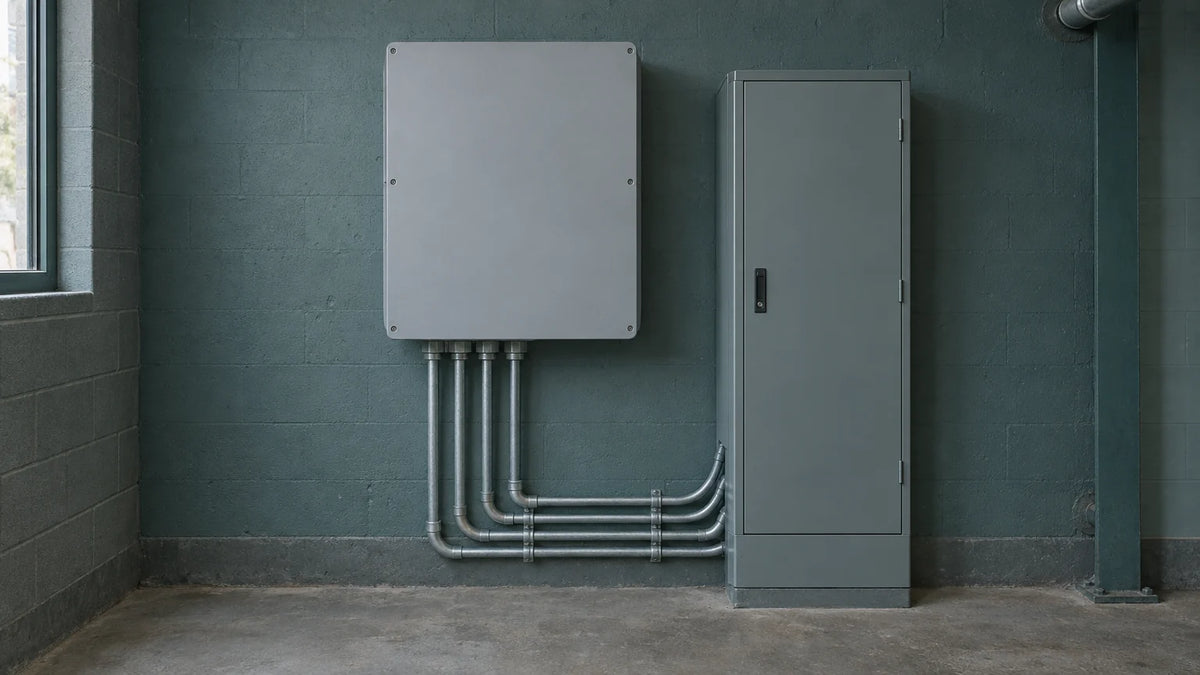 Closed inverter and transfer-equipment cabinets sit in a plain electrical service room, illustrating a model-specific backup-equipment procurement review.