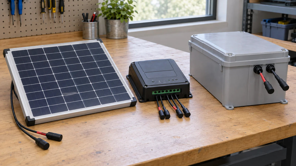 Compact finished PV module, separate closed generic charge controller, and separate closed battery enclosure on dry inspection bench, with all leads capped and disconnected.