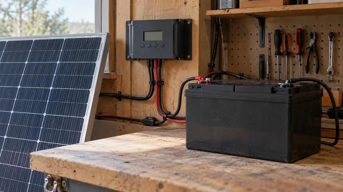 A technician checks a small solar charging setup with an enclosed battery and separate regulated charger.