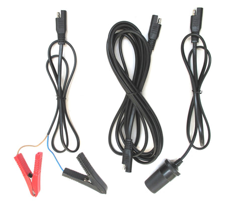 Three solar charger leads with SAE plugs: alligator clips, an SAE extension and a cigarette lighter socket