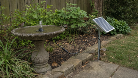 Solar-powered bird bath fountain in an ordinary garden, with a small panel on a nearby stake and protected cable running to the basin pump.