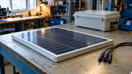 One compact finished framed photovoltaic module on a slightly worn equipment-inspection bench, separate closed device enclosure in the background, all leads capped and unplugged.