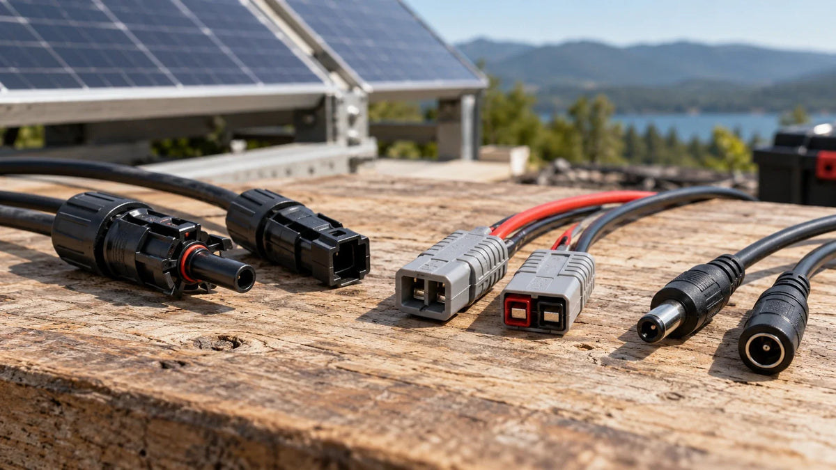 A technician compares several unbranded solar cable connector interfaces on an electrical workbench.