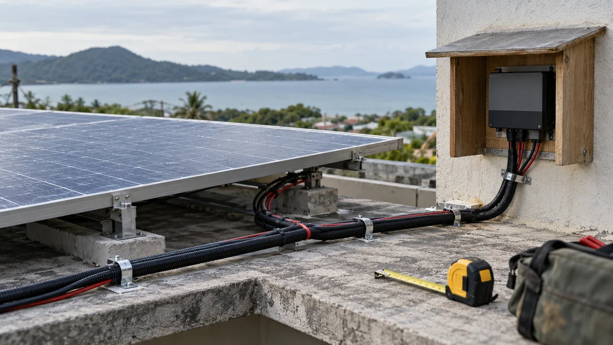 An installer measures a routed solar cable between a rooftop panel and a sheltered controller location.