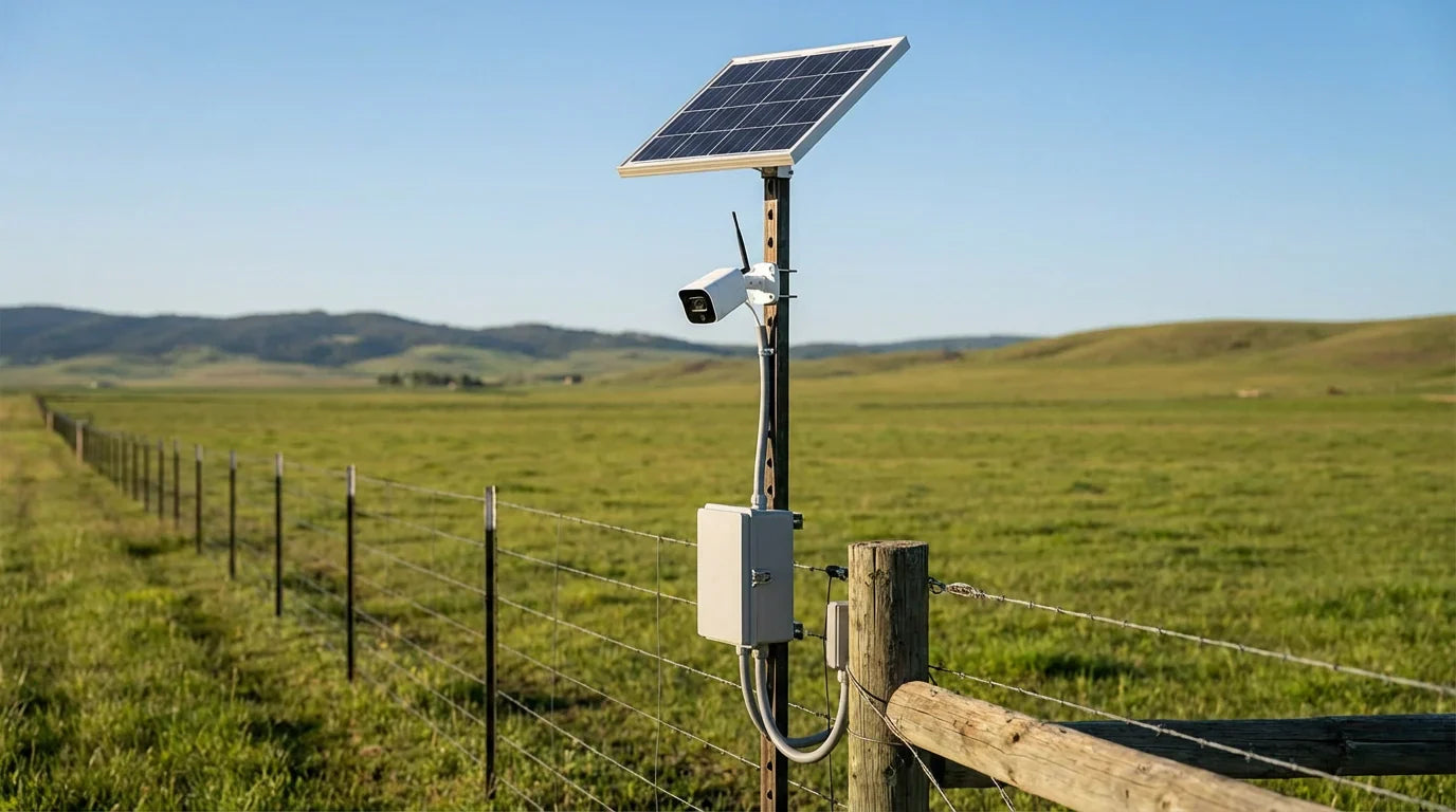 Solar cameras for farms on a remote gate with a pole-mounted solar panel and battery enclosure