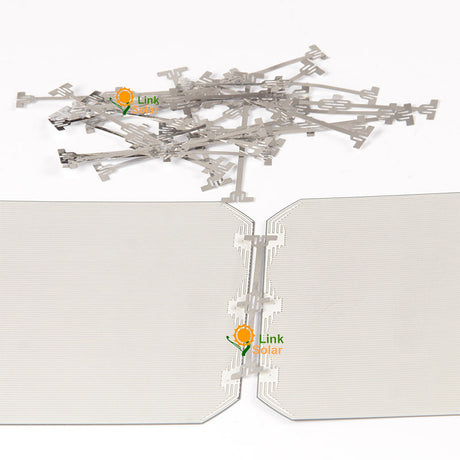 Solar cell metal interconnect connectors on white background
