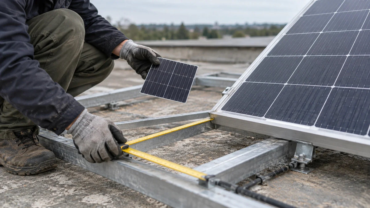 An engineer compares a silicon solar cell sample with the larger finished module area on a workshop bench.