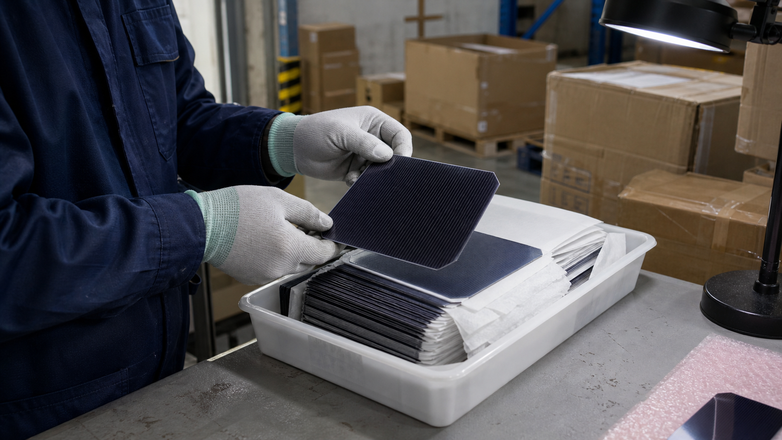 A sourcing technician inspects an unbranded tray of loose solar cells at a warehouse receiving bench, with plain cartons and an inspection lamp behind it.