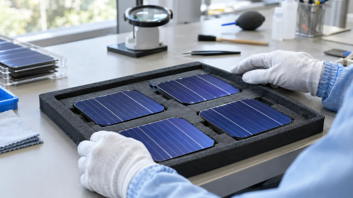 A gloved worker at a materials inspection station examining silicon solar cell samples in a protective tray.