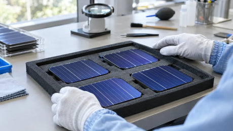 A gloved worker at a materials inspection station examining silicon solar cell samples in a protective tray.