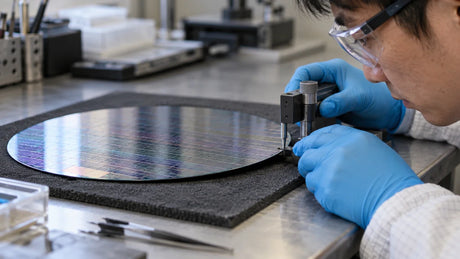 A technician examines the edge of a thin silicon solar cell wafer beside a precision measuring tool.