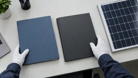 Close overhead editorial view of an anonymous buyer's gloved hands sorting two plain unmarked closed technical document folders beside a compact finished photovoltaic module at the far edge of a.