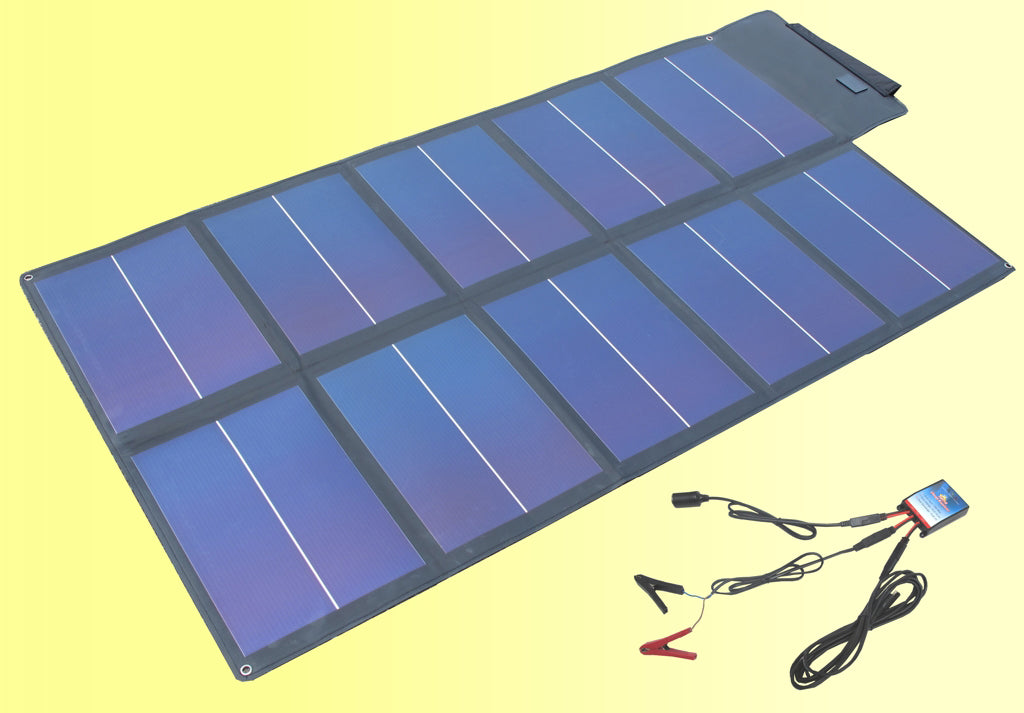 Unfolded foldable solar charger with blue solar panels and a connected charge controller cable