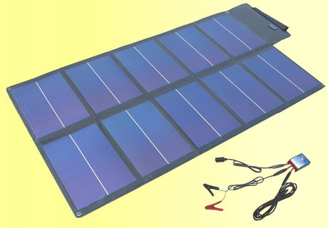 Unfolded foldable solar charger with blue solar panels and a connected charge controller cable