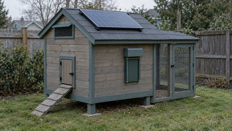 A small solar panel on a practical chicken-coop roof is visible beside a door and ventilation opening, illustrating a site-specific power-planning project.