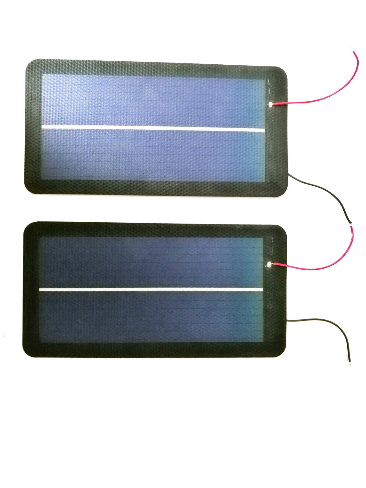 Two small laminated solar panels with red and black wire leads, the size of panel used on a solar string light