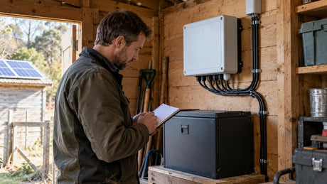 A technician examines a closed solar charge controller and protected battery in a modest equipment shed.
