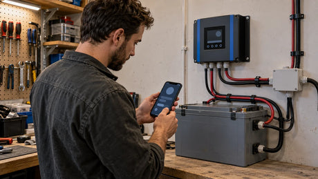 A technician checks a phone beside an installed solar charge controller and small battery system.