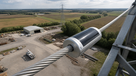 A LinkSolar hybrid power platform with a curved solar surface surrounds a high overhead conductor above a utility yard and farmland corridor.