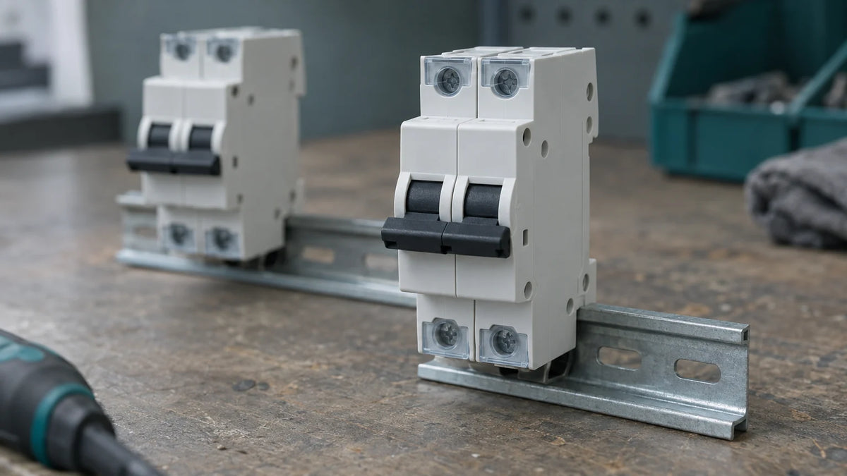 Unbranded DIN-rail circuit-breaker samples sit on an inspection bench, illustrating a purchase review that requires exact-model DC documentation.