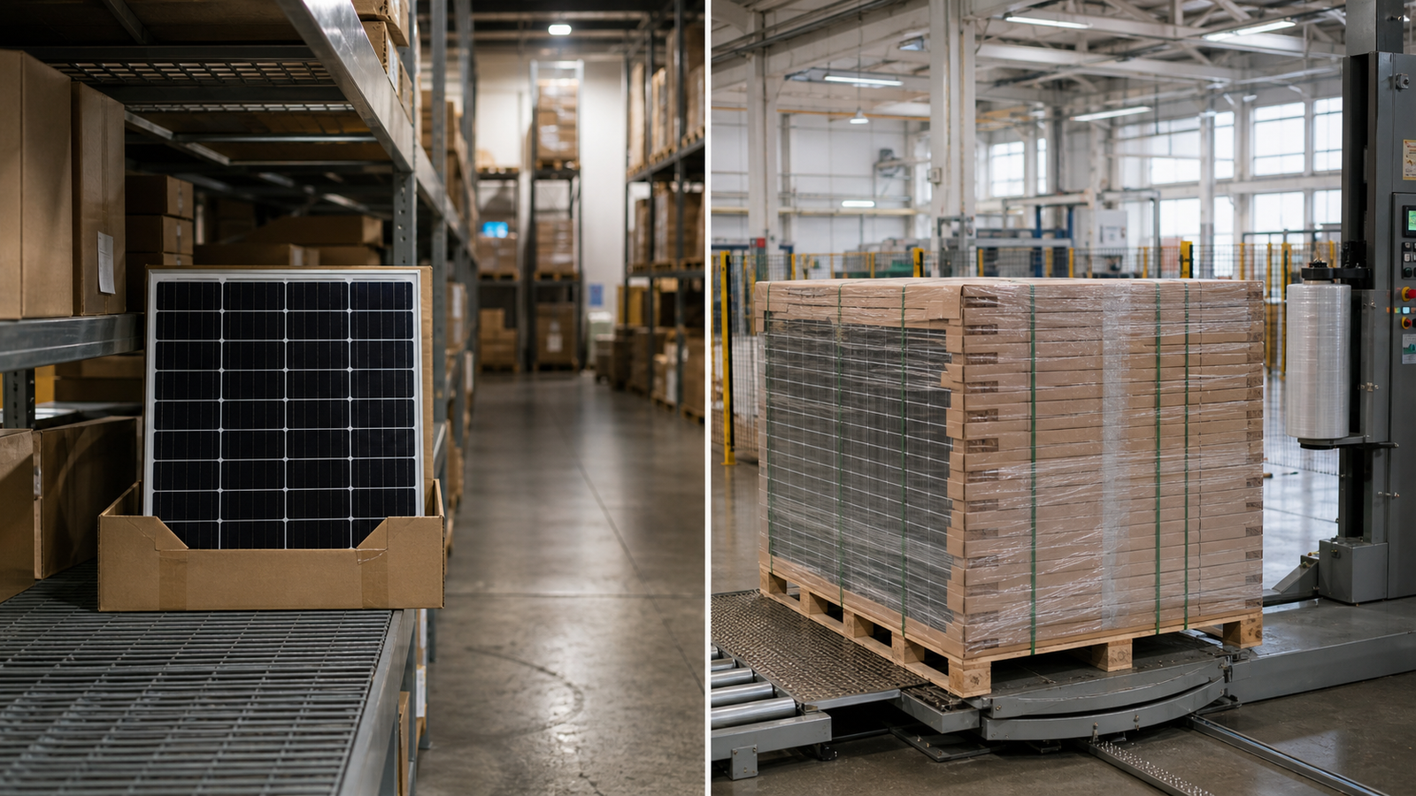 Split-view cover image: a solar panel in a box on a local distributor warehouse shelf on the left, and a pallet of panels being wrapped at a factory dispatch area on the right.