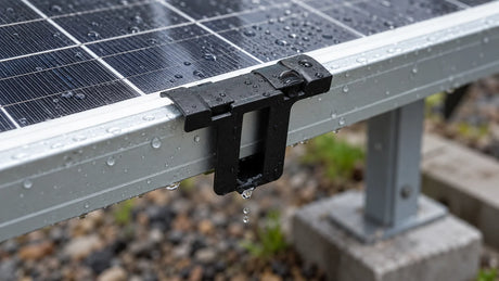 A black drainage clip is fitted at the lower edge of a solar-panel frame, with light droplets and ordinary outdoor wear visible.