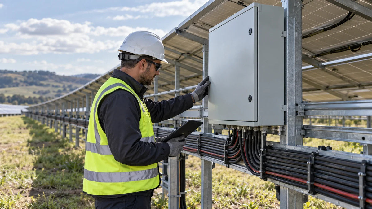 A technician examines protected solar array cabling and a combiner enclosure at an installation site.