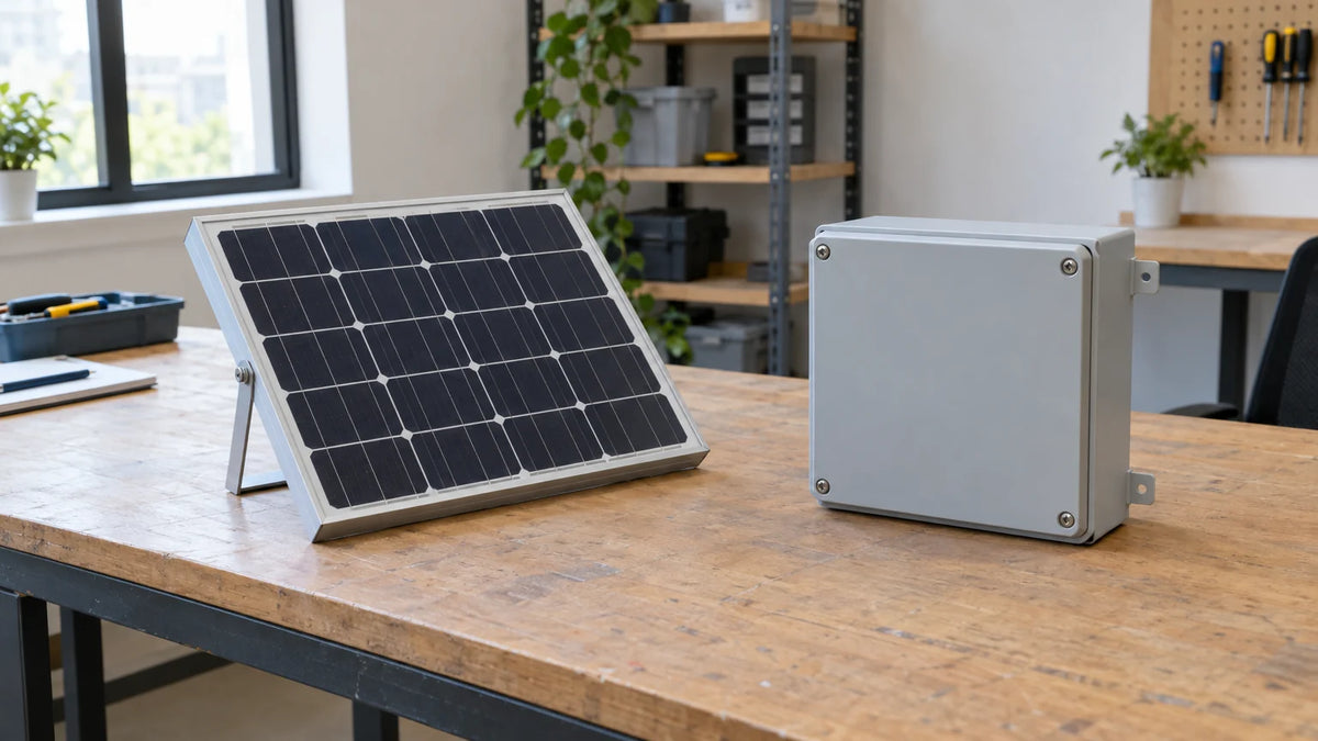 One modest framed PV module beside a separate closed small equipment enclosure on an ordinary engineering table, both unconnected.