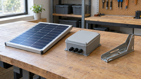 Ordinary sourcing bench with one compact finished PV module, separate closed generic controller box and unattached metal mounting bracket.
