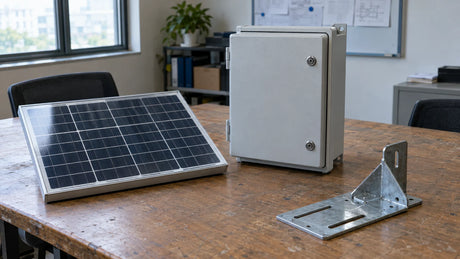 A small solar panel, a sealed outdoor equipment box and an unmounted bracket on an equipment review table, showing the supply scope to confirm.