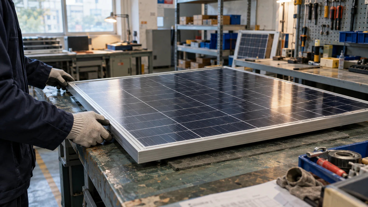 Generic modest PV module workshop with one finished framed module on a worn outgoing-inspection bench, anonymous gloved hands only checking its edge, ordinary shelves and tools.