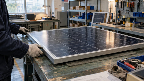 Generic modest PV module workshop with one finished framed module on a worn outgoing-inspection bench, anonymous gloved hands only checking its edge, ordinary shelves and tools.