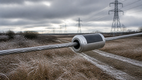 A LinkSolar solar-powered galloping monitoring node surrounds an iced overhead conductor in a winter transmission corridor beneath broken cloud.