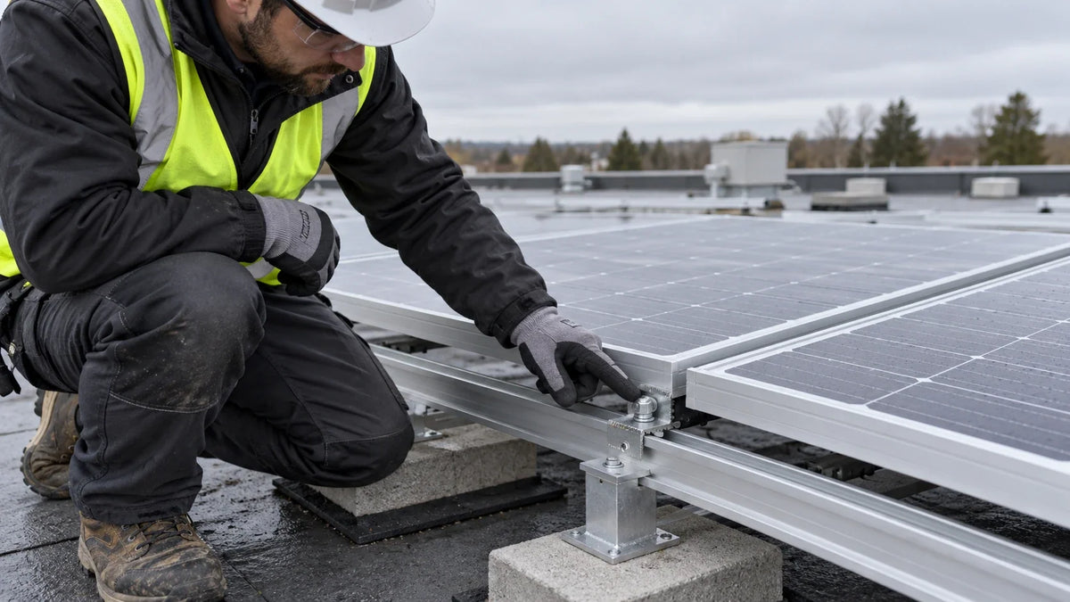 An installer checks the bonding interface between a solar panel frame, grounding clip and mounting rail.